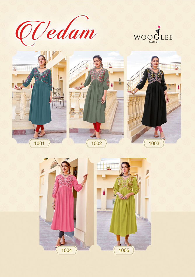 Vedam By Wooglee Rayon Designer Embroidery Kurti Wholesale Market In Surat
